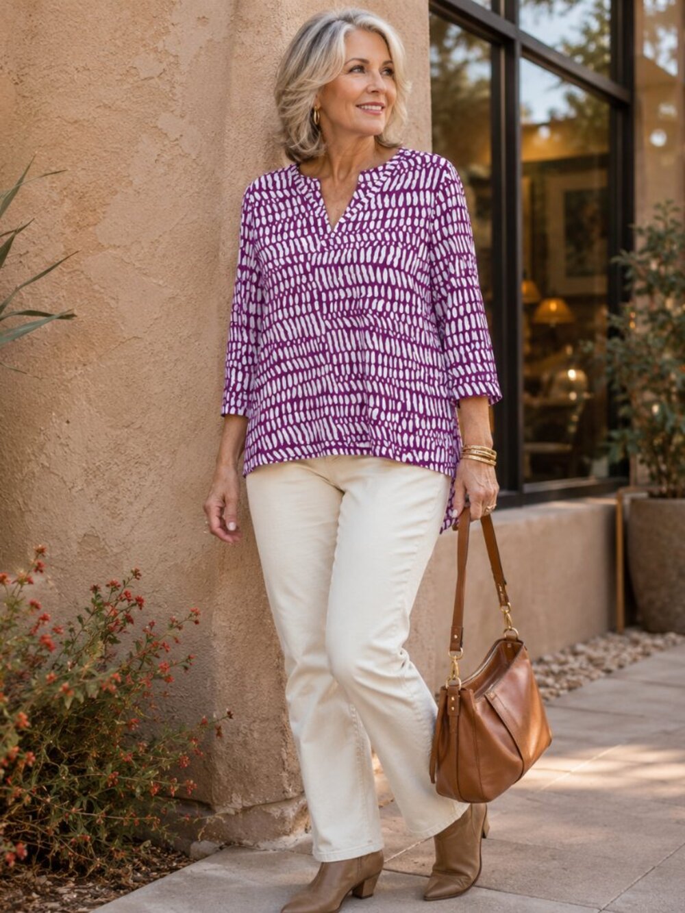 Chico's Purple White Print V Neck Top | Size 3 XL | Cotton Stretch